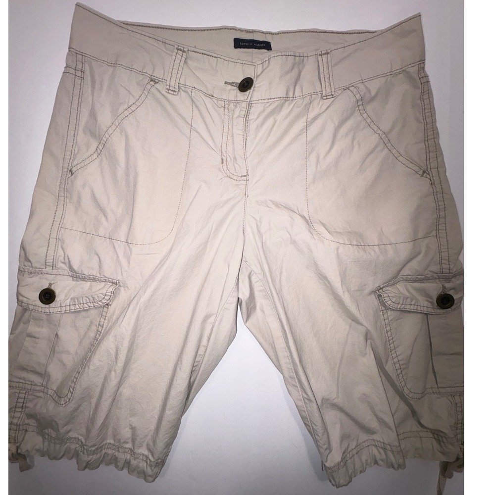 Tommy Hilfiger Womens Tan Cargo Shorts Size 10 Drawstring Hem Khaki Mid Rise